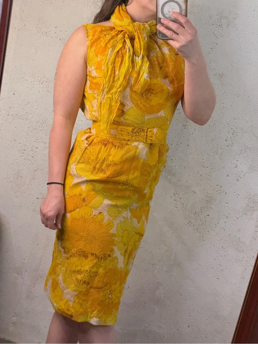 Vintage 50s 60s Sleeveless Yellow Floral Belted Dress with Scarf